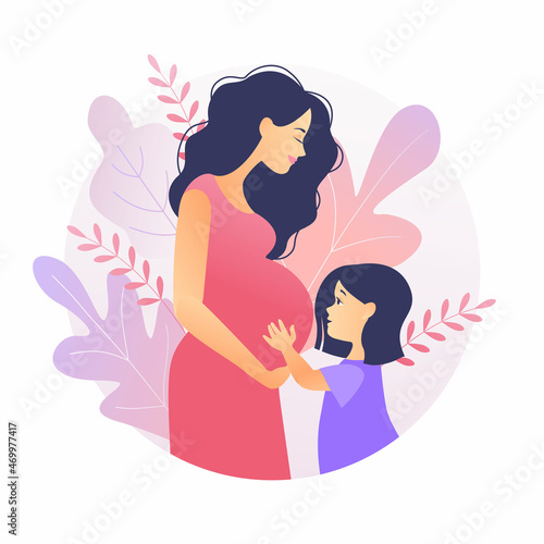 Little Girl and Her Pregnant Mom. Beautiful pregnant woman with her daughter. Happy family. Child hugs belly of pregnant mother. Vector illustrations