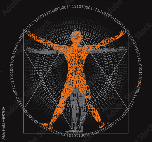 Vitruvian man with binary code,symbol of digital age.
Stylized drawing of vitruvian man with spiral of binary codes on black background. Vector available.