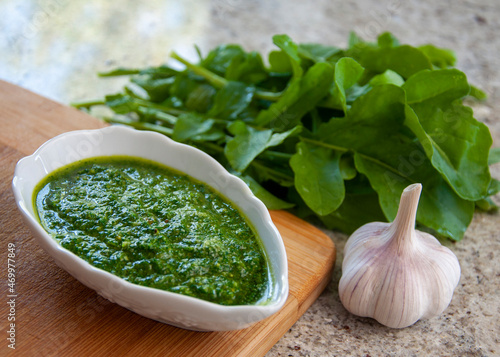 Aragula dip pesto with garlic, extra virgin olive oil and cashew nuts