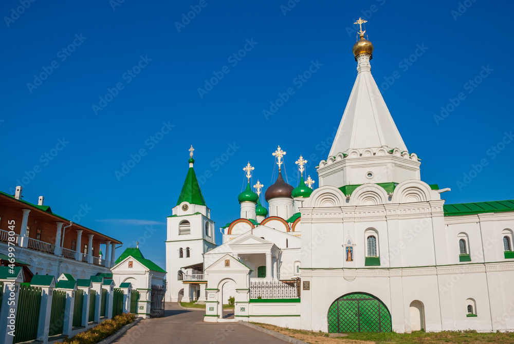 Ascension Pechersky Monastery on a sunny day against the background of a blue sky. Nizhny Novgorod. Russia