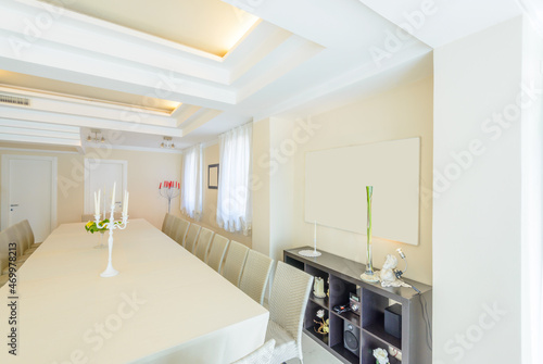 Large luxury dining room interior. New empty hotel or home space.