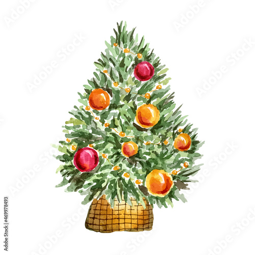 Watercolor Christmas Tree in basket decorated with ornaments isolated on white background