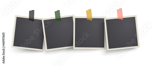 realistic modern photo frames glued on tape. Taped on photo mockup design. Grunge gray background. Vector illustration