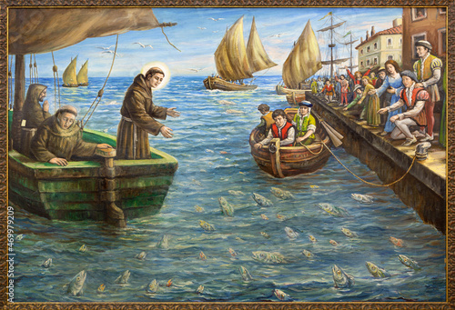 ROME, ITALY - SEPTEMBER 2, 2021: The painting of St Anthony Preaching to the Fish in the church Basilica di Sant'n Antonio al Laterano by author De Meo (1987).