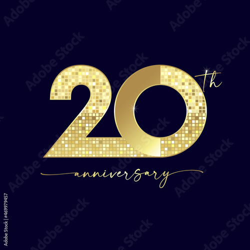 20th anniversary numbers. 20 years old logotype concept. Isolated abstract graphic design template. Luxury shiny 2 and 0 digits. Golden pixel bg with vector mask. Up to 20% off discount, shopping idea
