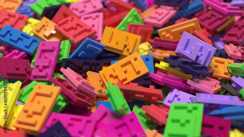 Heap of stylized pixilated Non Fungible Tokens made of plastic close up view