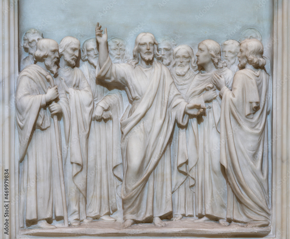 ROME, ITALY - SEPTEMBER 2, 2021: The relief of Jesus among the apostles on the pulpit in the church Basilica di Sant' Antonio al Laterano by workroom Gazzeri di Querceta (1939).