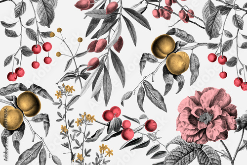Print op canvas Vintage rose pattern vector pink botanical and fruits illustration