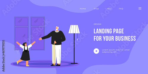 Grandfather welcoming his granddaughter. Flat vector illustration. Little girl running into arms of her grandpa, standing in middle of living room. Family, childhood, home, love concept