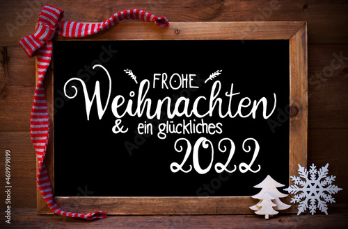 Chalkboard, Christmas Decoration, Tree, Glueckliches 2022 Means Happy 2022 photo