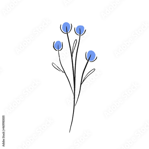 Blue flower bouquet line illustration. Abstract floral emblem, decoration, print design. Outline vector art.	
