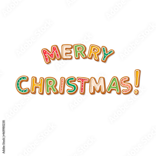 Vector illustration of merry Christmas lettering on white background. Inscription is made in the form of Christmas gingerbread decorated with colored icing. Idea for Christmas and New Year projects.