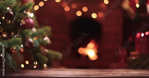 Christmas Tree with Brown Balls and Stars. Home Festive Background