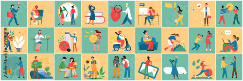 Community of people of different professions and activities vector illustration. Cartoon woman and man characters work at home, garden or in office, pay for purchases, cook and do yoga background