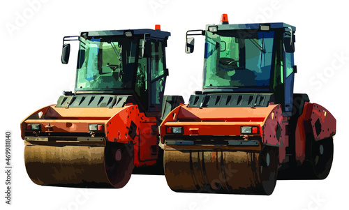 Two road rollers are parallel to each other. Steamrollers for asphalting roads isolated on white background. Vector. Illustration. 3d.