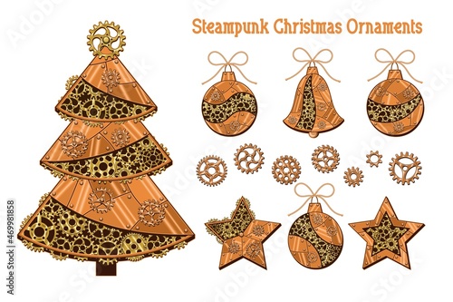Set of christmas tree, ball, star, bell, gears made of shiny copper metal plates, gold gears, cogwheels, rivets in steampunk style. Isolated on white. Vector illustration.