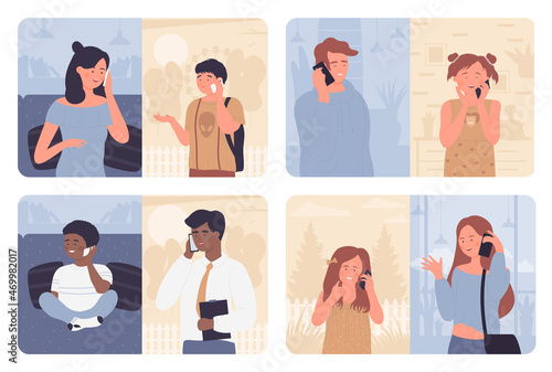 Parents call children on phone set vector illustration. Cartoon mother talking to child or teenager on telephone, dialogue between businessman father and son. Family people talk cellphone concept
