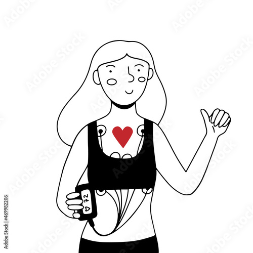 Woman with Holter heart monitor device attached  on body, showing thumbs up, flat doodle vector illustration in line art style