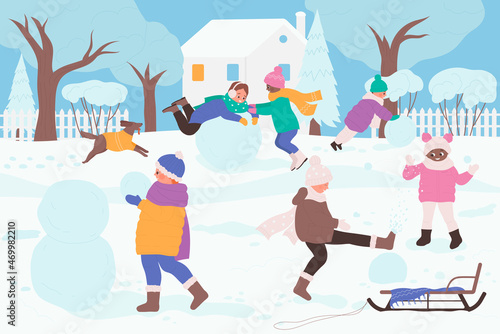 Kids play in winter snowy park, make snowman vector illustration. Cartoon boy girl friends characters playing game, child rolling snow balls and jumping. Winter season fun activity concept background