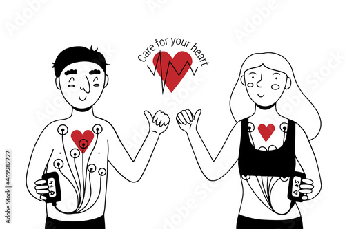 Woman and man with Holter heart monitor device attached on body, showing thumbs up flat doodle vector illustration in linear style