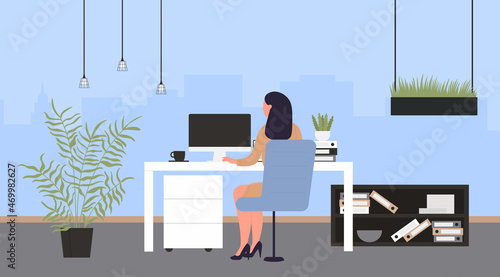Businesswoman working in modern office interior, back view vector illustration. Cartoon woman employee character sitting at computer to work, workplace with desk, green plants, shelves background