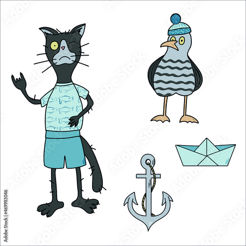 Кот и чайка, морская тема. 