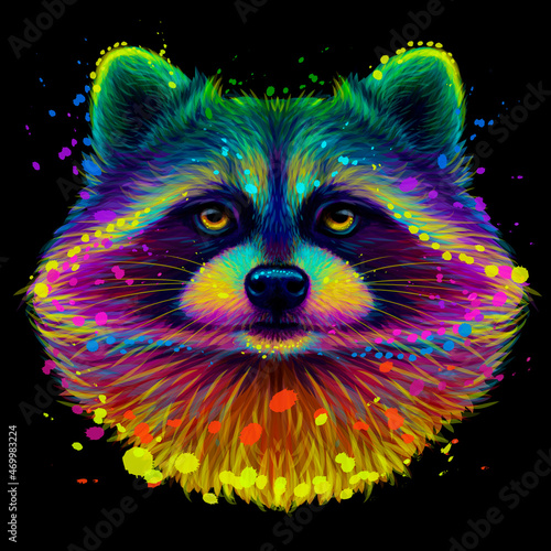 Raccoon. Abstract, neon, multi-colored portrait of a raccoon in the style of pop art on a black background. Digital vector graphics. photo