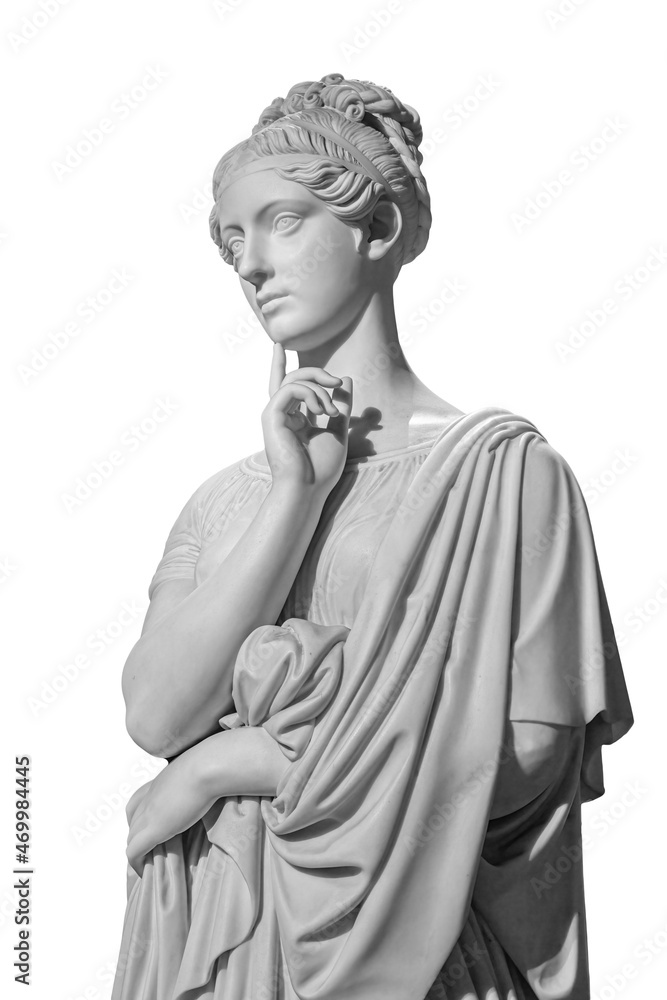 Gypsum copy of ancient statue of thinking young lady isolated on white background. Side view of plaster sculpture woman face