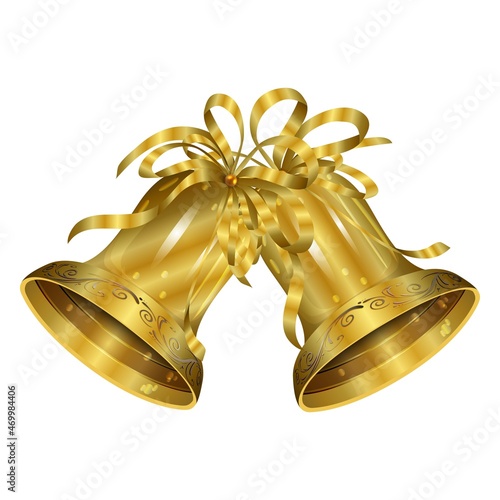 Christmas and new year's shiny gold bells with bows and ribbons. Christmas golden bells for banners, flyers, posters, greeting cards. Jingle bells. Vector illustration isolated on white background