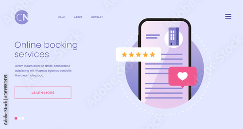 Homepage. Mobile app sign for online booking. Smartphone screen with hotel account. Symbol of real estate booking via the Internet. Landing Page. Vector illustration for a web page.