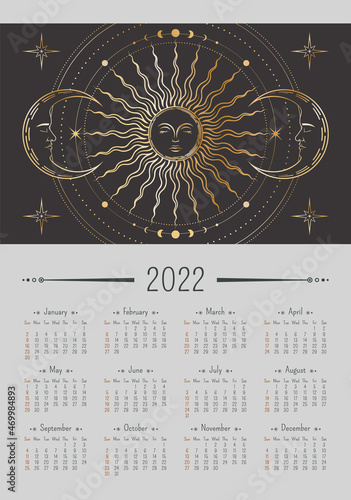 Vector vertical year 2022 calendar with magical ornate golden sun and crescents with sleeping faces, moon phases and stars. A3, A2 wall poster with mystic outline illustration in boho style