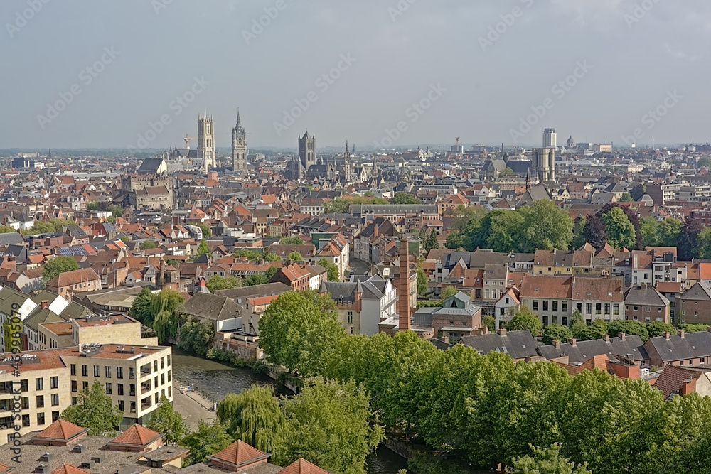 Aerial view on the historical center of the city of Ghent, Flanders, Belgium, showing the famous three towers
