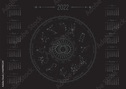 Vector mystical horizontal calendar for 2022 with ornate zodiac circle on a black background. A3, A2 poster with illustration of horoscope constellations and magical sun with a sleeping face in center