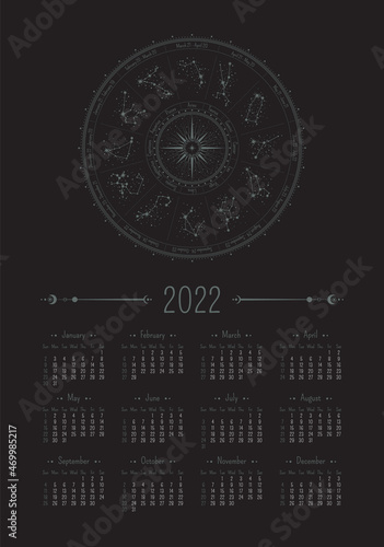 Vector vertical calendar for 2022 with ornate zodiac circle on a black background. A3, A2 poster with horoscope constellations in dark colors. Placard with a linear illustration