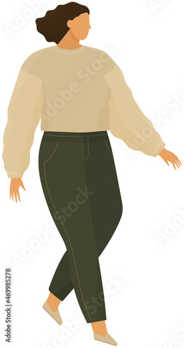 Young beauty caucasian woman walks alone. Illustration of cute girl in white blouse and green pants isolated female character in walking position. Flat vector pretty lady with dark hair in full length