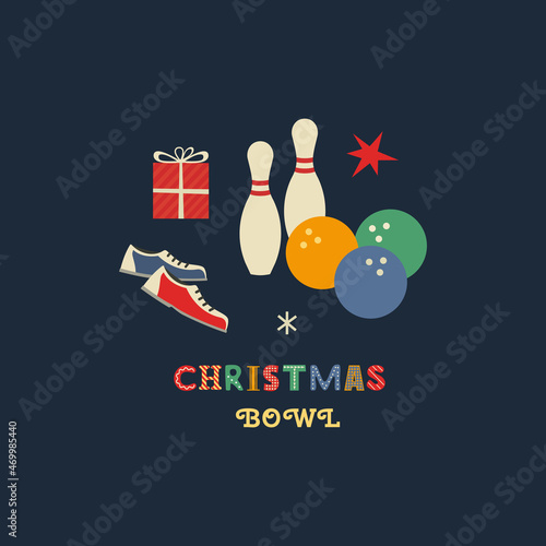 Christmas bowl party fancy vector icon. Bowling ball, shoes, xmas present cartoon design element. Sport bowl club winter holiday festive fun advertisement. Christmas web banner background illustration