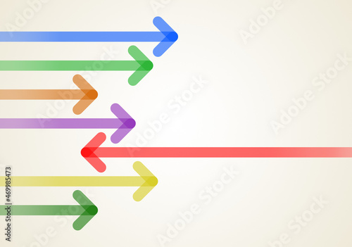 Red arrow pointing opposite direction (left) than a group of colorful arrows (right). Abstract individuality, majority and minority infographic concept template.