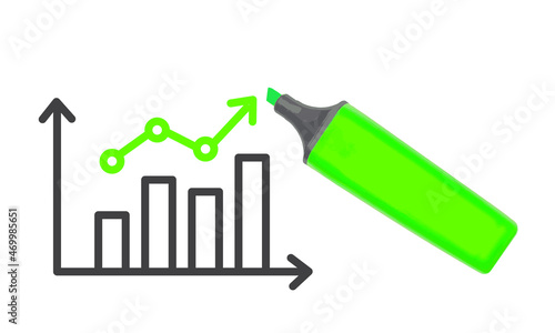 Sales growth graph with green marker on transparent wipe board.