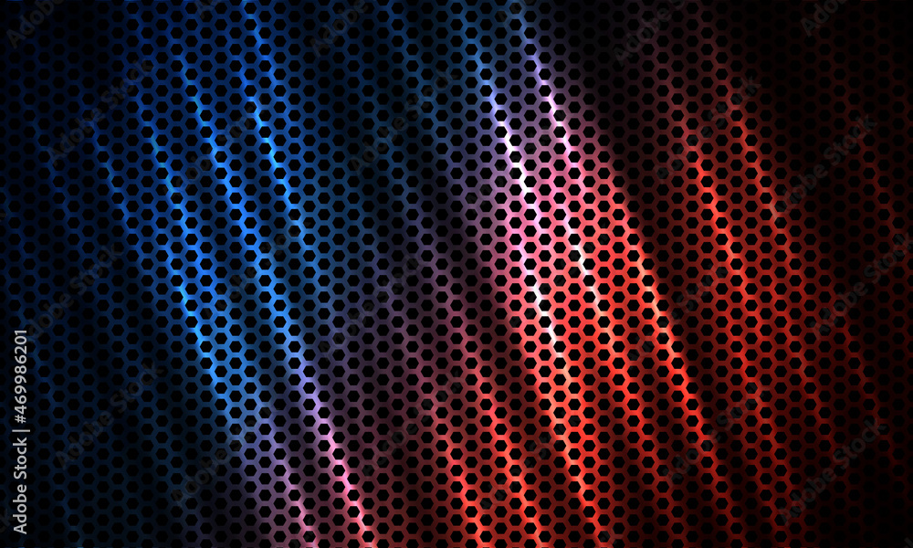 Dark hexagon tech colorful sport background with carbon fiber. Technology honeycomb abstract vector background with red and blue colored bright flashes. Hexagonal gaming background.