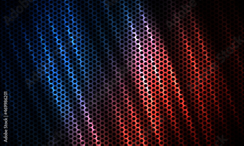 Dark hexagon tech colorful sport background with carbon fiber. Technology honeycomb abstract vector background with red and blue colored bright flashes. Hexagonal gaming background.