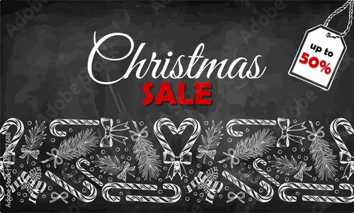 Chalk drawing poster of Christmas sale with candy cane, mistletoe, pine, fir, lollipop, bow, ribbon. Sketch drawing New Year background for shopping, sale. Chalkboard, blackboard. Vector illustration.