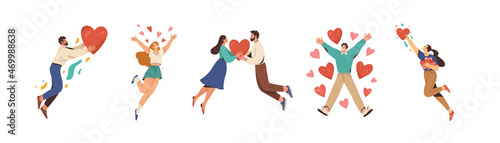 People in love collection. Vector cartoon flat illustration of diverse cartoon young people in different actions of happiness, falling in love and love sharing. Isolated on white