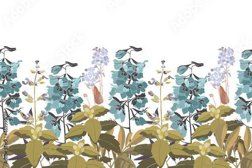 Vector floral seamless pattern, border. Blue-green delphinium flowers with olive branches and leaves. Garden and meadow flowers isolated on a white background.
