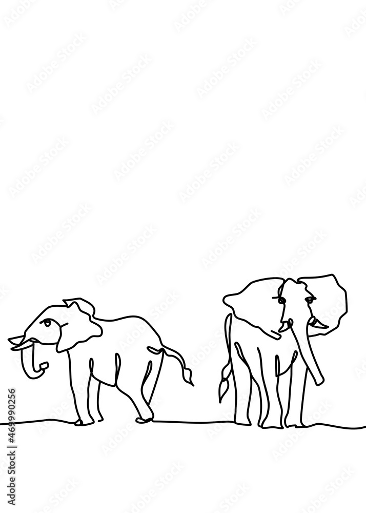 One continuous line drawing, Elephant walking One continuous line drawing, Elephant walking