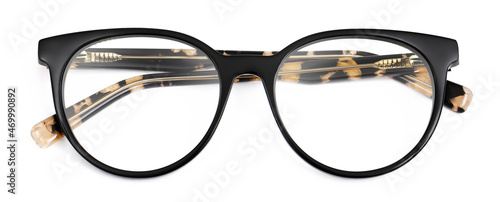 top view glasses isolated on white background, black plastic unisex spectacle with leopard-print temples