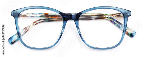 Fotografie top view glasses isolated on white background, blue plastic spectacle with multi