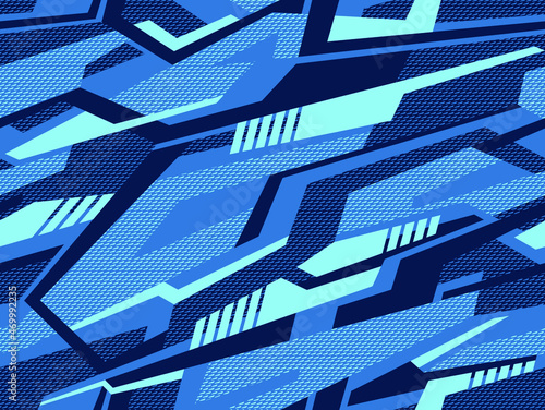 Abstract geometric seamless pattern with striped polygonal shapes. Modern digital camouflage texture ornament for racing vinyl and decal print. Vector background.