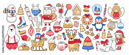 Fototapeta Naklejka Na Ścianę i Meble -  Big set of holiday christmas illustrations: snowman, deer, santa claus, gingerbread cookies, elf, gifts, decorations, polar bear. Happy New Year collection. Vector stickers, xmas isolated elements.