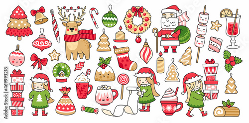 Christmas elves, santa claus, gifts and decorations. Merry christmas and happy new year. Collection of cute cartoon stickers, elements for greeting cards, prints, invitations. Vector illustrations.
