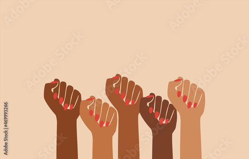 women female empowerment, black fist people, brown power, black history month, feminine, feminist pride, hands raised, retro graphic design, gender equality issue strong women, girl power poster print © lyonstock